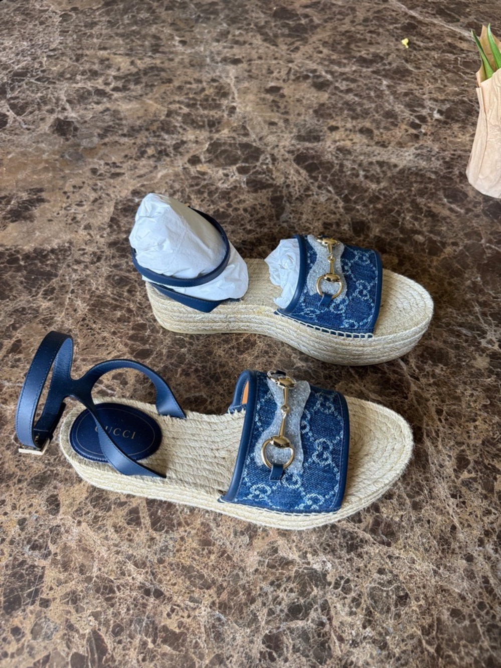 Gucci denim azure blue wedge logo espadrille sandal sz 39 - Picture 2 of 10